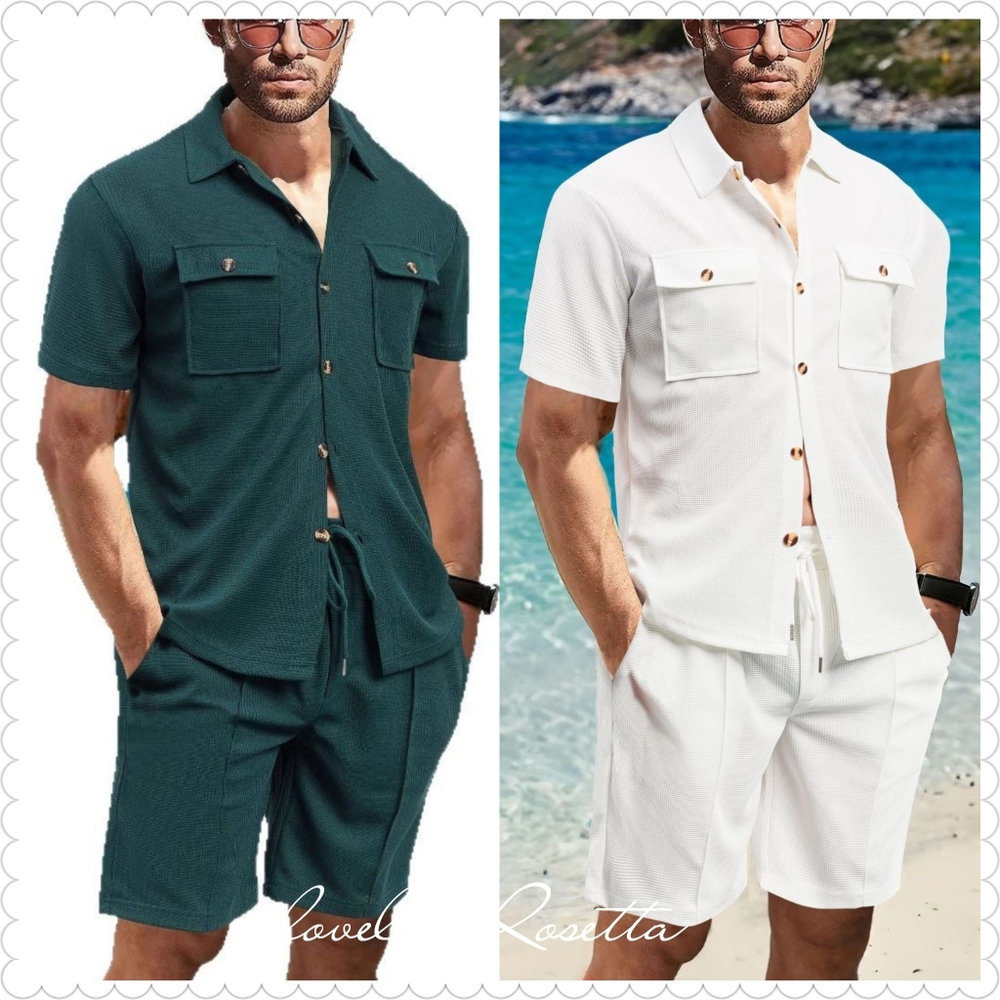 Men's Teal Button Down Shirt and Shorts Set